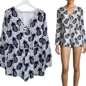 Lucca Pineapple Long Minimal Bell Sleeve Tie Neck Short Romper Size Large